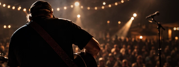 Cinematic illustration of a guitarist facing a warmly lit audience